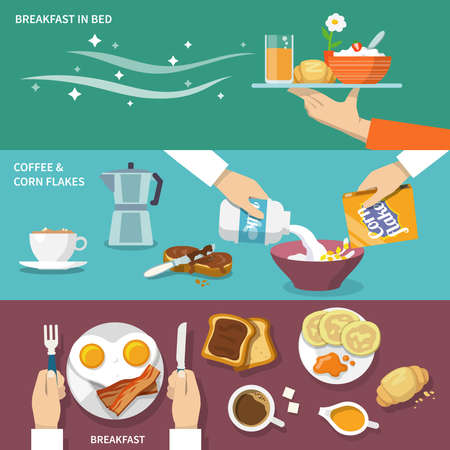 Breakfast banner flat set with coffee corn flakes bed isolated vector illustrationのイラスト素材