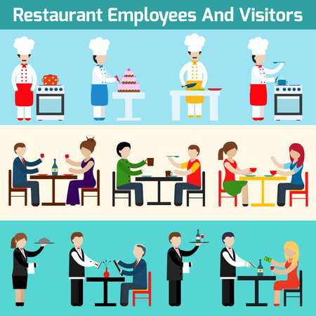 Restaurant waiters employees and visitors flat banner set isolated vector illustrationのイラスト素材