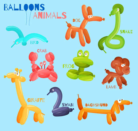 Balloon animals set with dog crab snake bird isolated vector illustrationのイラスト素材