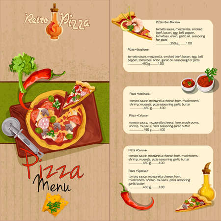 Pizzeria pizza restaurant menu template with ingredients oil and seasoning vector illustration.のイラスト素材