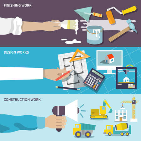 Construction design finishing work flat banner set with human hands isolated vector illustrationのイラスト素材