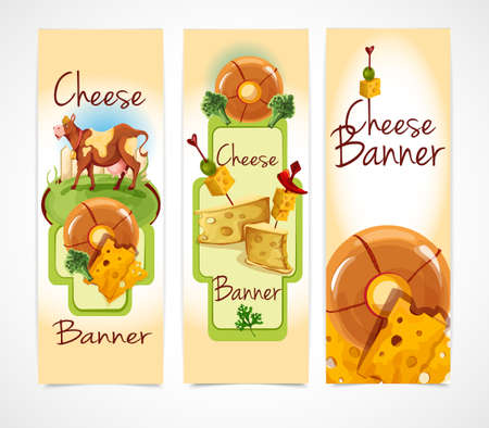 Natural cheese food assortment colored decorative vertical banners set isolated vector illustrationのイラスト素材