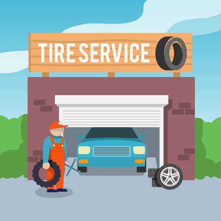 Tire wheel service shop garage with car and mechanic flat vector illustrationのイラスト素材