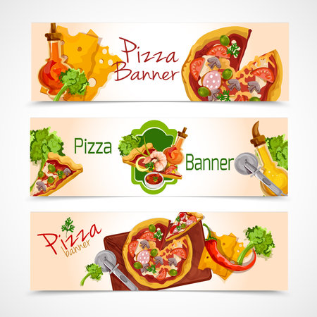 Delicious pizza cut food slices horizontal banners set isolated vector illustrationのイラスト素材