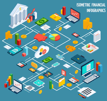 Isometric financial flowchart infographic with security reliability stability growth elements vector illustrationのイラスト素材