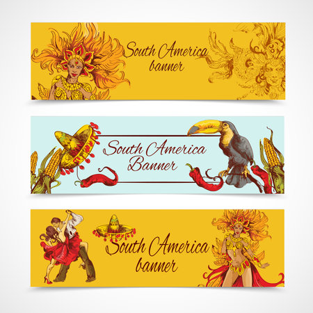 South america colored hand drawn banners set with travel symbols isolated vector illustrationのイラスト素材