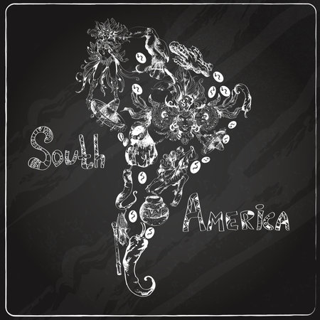South america chalkboard  hand drawn concept with continent shape and travel symbols vector illustrationのイラスト素材
