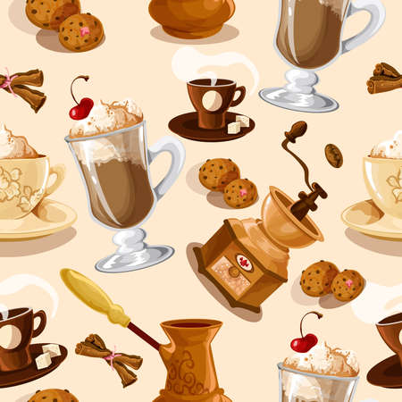 Coffee colored seamless pattern with turk cookies cinnamon grinder cup vector illustrationのイラスト素材