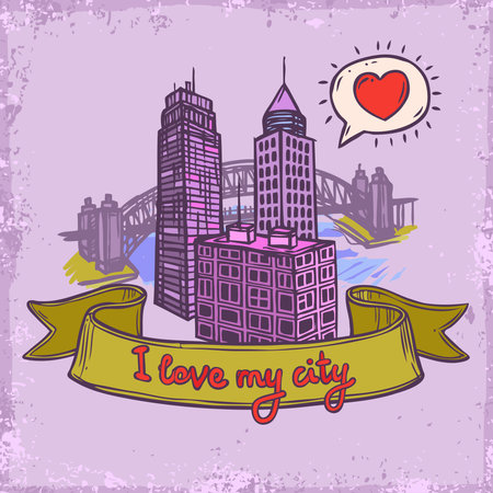 Sketch love my city city decorative background with modern office buildings and bridge vector illustrationのイラスト素材