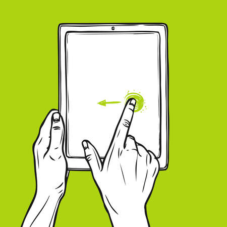 Hand holding tablet gadget and swipe gesture sketch on green background vector illustrationのイラスト素材
