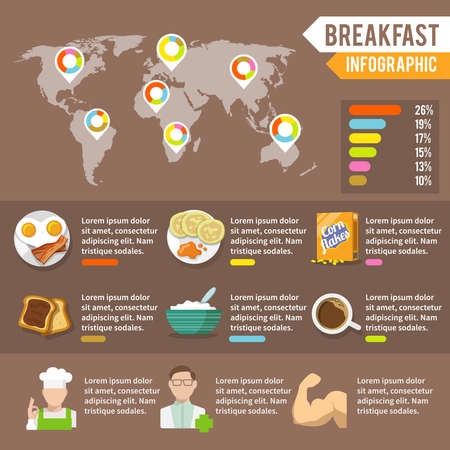 Breakfast fresh food and drinks infographic set with cook doctor athlete and world map vector illustrationのイラスト素材