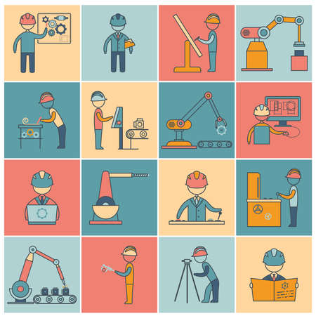 Engineering equipment industrial manufacturing machine operators flat line icons set isolated vector illustrationのイラスト素材