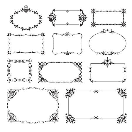 Vintage floral classic calligraphic retro vignette scroll frames ornamental design elements black set isolated vector illustrationのイラスト素材