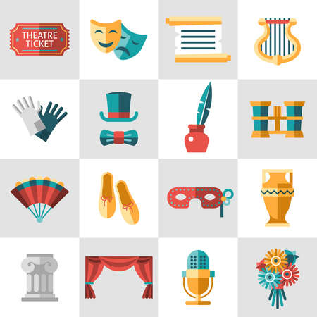 Theatre acting performance icons set with  ticket masks flat isolated vector illustration.のイラスト素材