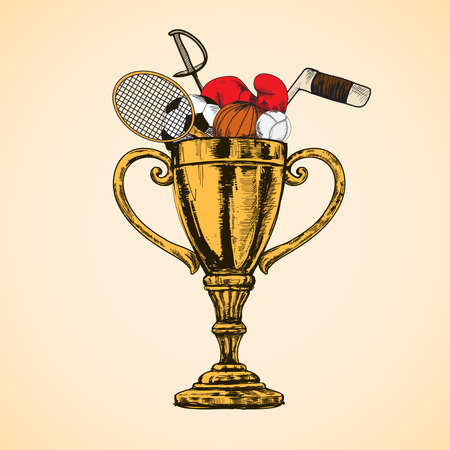 Trophy cup winner prize full of sport equipment sketch vector illustrationのイラスト素材