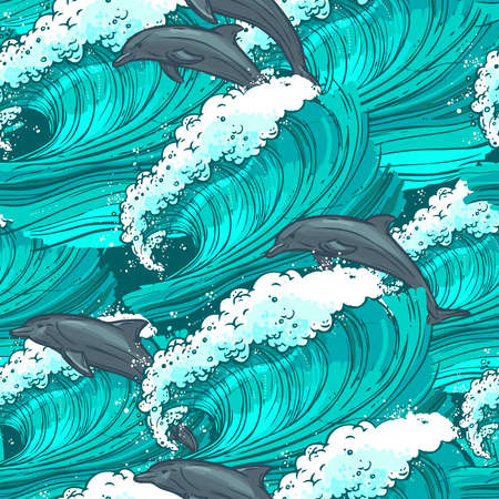 Waves flowing water sketch sea ocean and dolphins colored seamless pattern vector illustrationのイラスト素材