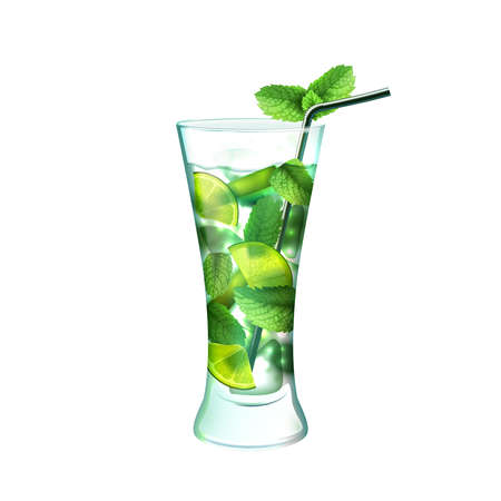 Mojito realistic cocktail in glass with lime mint and drinking straw isolated on white background vector illustrationのイラスト素材