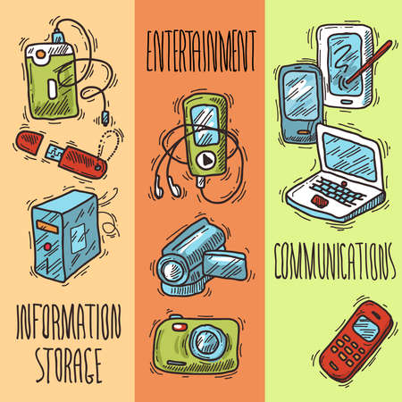 Mobile devices sketch banners set with information storage entertainment communications isolated vector illustrationのイラスト素材