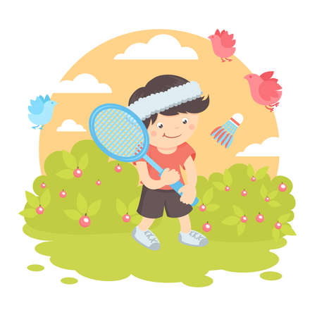 Boy kid with sport racquet playing badminton on the lawn with nature outdoors background vector illustration.のイラスト素材