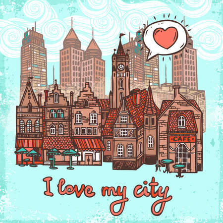 Sketch city decorative background with old town and modern office buildings vector illustrationのイラスト素材