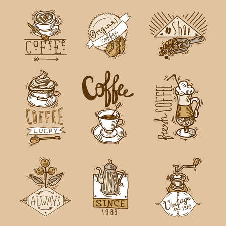 Coffee cuos vintage original espresso sketch labels set isolated vector illustrationのイラスト素材