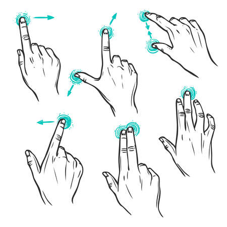 Touch screen interface hand gestures decorative sketch icons set isolated vector illustrationのイラスト素材