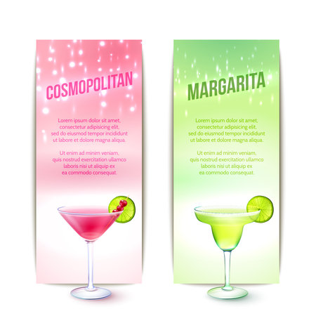 Cosmopolitan and margarita cocktails vertical banner set isolated vector illustrationのイラスト素材