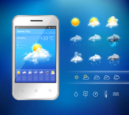 Realistic mobile phone with weather forecast widget mobile application program layout template vector illustrationのイラスト素材