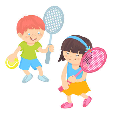Boy and girl kids with sport equipment playing tennis isolated on white background vector illustrationのイラスト素材