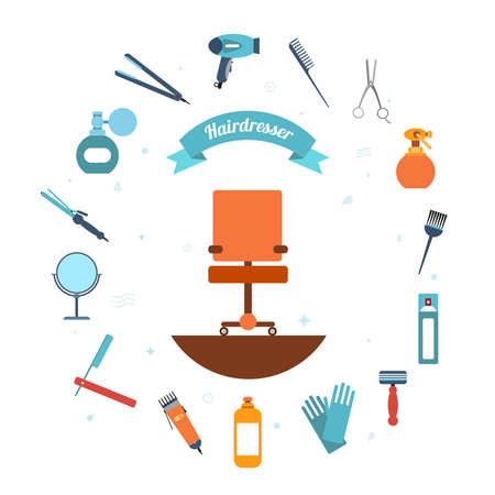 Hairdresser decorative set with beauty haircut accessories and equipment with hairstylist chair in the middle vector illustrationのイラスト素材