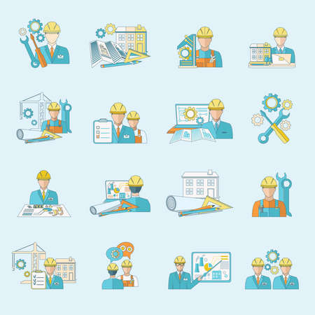 Engineer construction equipment industrial process production and manufacturing icons line set isolated vector illustration.のイラスト素材