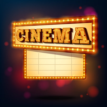 Retro cinema marquee neon lights advertising sign background vector illustrationのイラスト素材