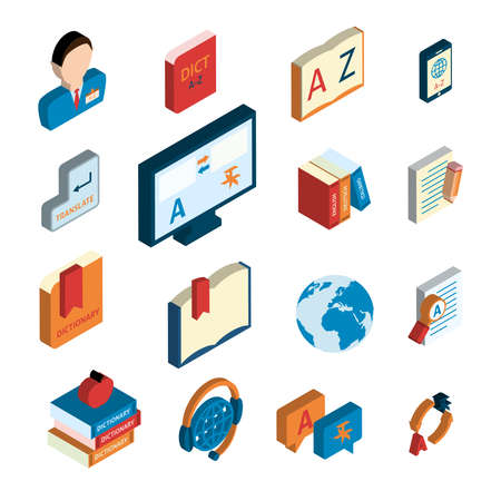 Online english german translation service website applications flat isometric icons set with interpreter headset isolated vector illustrationのイラスト素材
