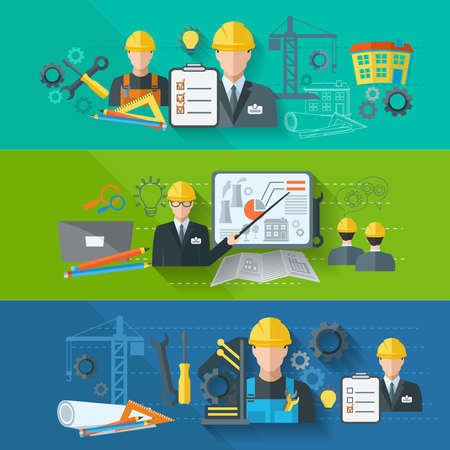Engineer construction industrial factory manufacturing workers flat banner set isolated vector illustrationのイラスト素材
