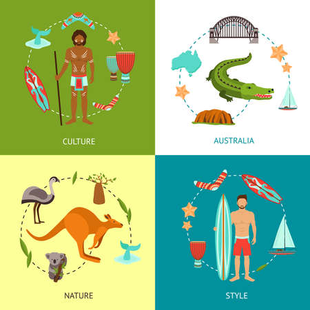 Australia design concept set with culture nature style flat icons set isolated vector illustrationのイラスト素材