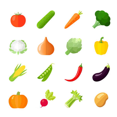 Vegetables icons flat set with cauliflower broccoli celery cabbage cucumber isolated vector illustrationのイラスト素材