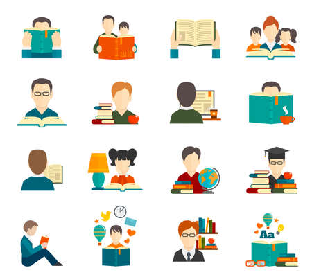 People reading book encyclopedia textbook icon flat set isolated vector illustrationのイラスト素材