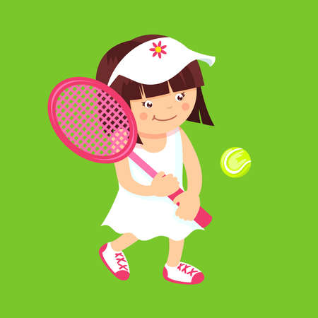 Girl kid with sport tennis racquet and ball isolated on green background vector illustration.のイラスト素材