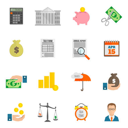 Tax icon flat set with bank building cut fees isolated vector illustrationのイラスト素材