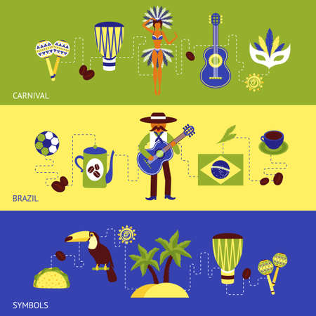 Brazil banner set with carnival and tourism symbols isolated vector illustrationのイラスト素材