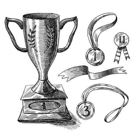 Trophy and awards decorative icons sketch set of medal winner cup isolated vector illustrationのイラスト素材