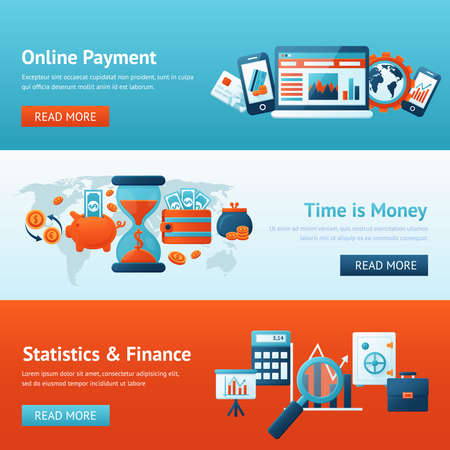 Bank flat banner set with online payment time is money statistics and finance isolated vector illustrationのイラスト素材