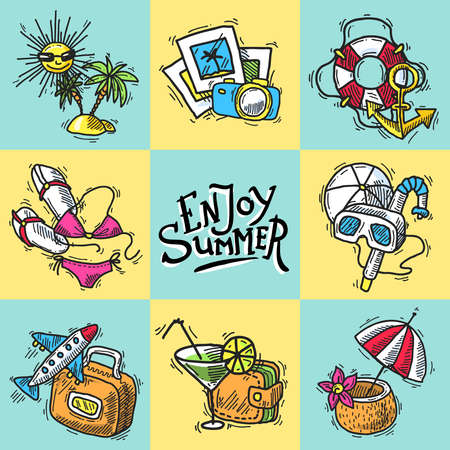 Vacation sketch decorative icons set with island photo camera lifesaver isolated vector illustrationのイラスト素材