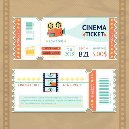 Retro cinema movie party paper ticket set isolated vector illustrationのイラスト素材