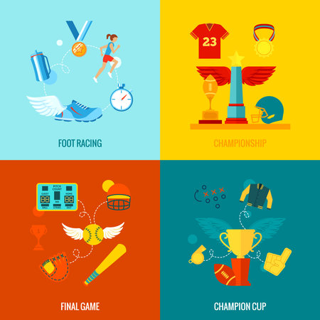 Championship flat icons set with foot racing final game champion cup and wing elements isolated vector illustrationのイラスト素材