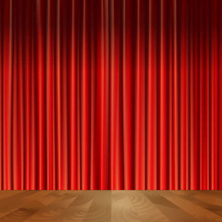 Theater stage scene with wooden floor red velvet vintage style curtain background vector illustration.のイラスト素材