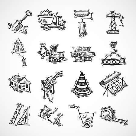 Construction sketch decorative icons set with crane truck hammer isolated vector illustrationのイラスト素材