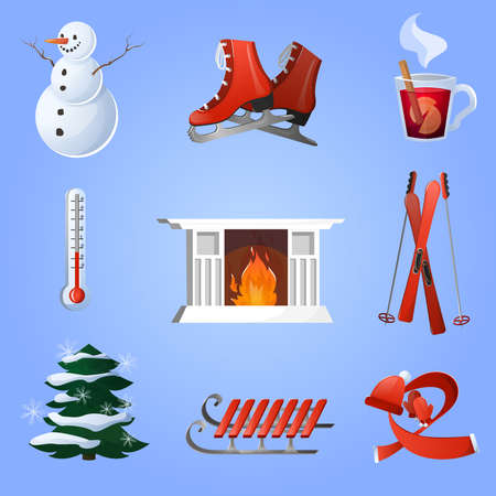 Winter decorative icons set with ski mulled wine cup christmas tree isolated vector illustrationのイラスト素材