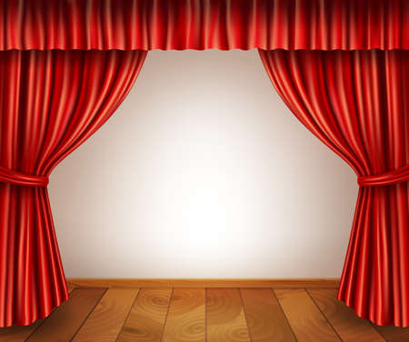 Theater stage with wooden floor red velvet open retro style curtain isolated on white background vector illustrationのイラスト素材