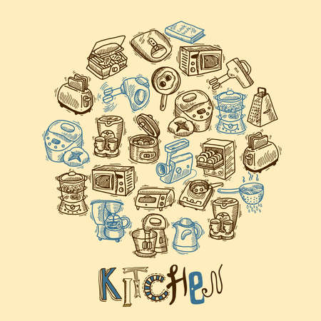 Kitchen equipment and appliances sketch concept with toaster coffee machine blender vector illustrationのイラスト素材